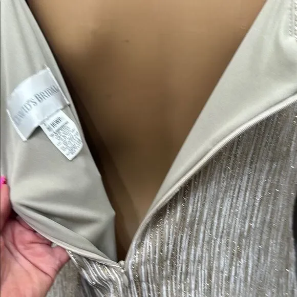 David's Bridal Cream Tan Gold Silver Maxi Dress & Long Sleeve Jacket Side  Slit